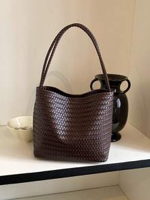 Women's Woven PU Leather Shoulder Tote Bag, Retro Coffee Large Capacity Hobo Bag, Soft Textured Casual Handbag For Work Travel Daily Outing - Coffee - View 5