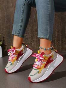 Women's Multi-Color Contrast Patchwork Faux Suede Thick Sole Sneakers, Dual-Color Shoelaces With Contrast Decorative Patches, Thick Sole Retro Casual Shoes - Hot Pink - View 5