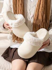 1 Pair Women's Fashion Versatile EVA Thick Sole Non-Slip Fur Trim Flat Casual Slippers, Suitable For Autumn/Winter - White - View 11