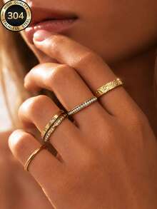5pcs/Set Women's Minimalist Elegant Crushed Ice Stackable Rings, Daily Commute Wear, Holiday Outfit Accessory - Gold - View 4