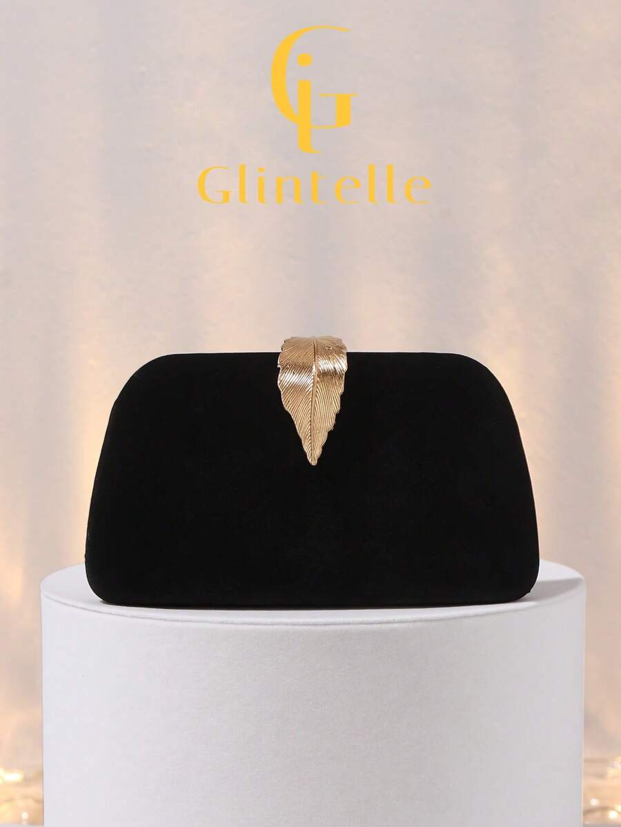 Black Velvet Leaf-Shaped Clutch, Luxury Gold Hardware Evening Bag, Detachable Chain Shoulder Strap, Suitable For Formal Party/Wedding/Date Night Accessory - Black - View 1