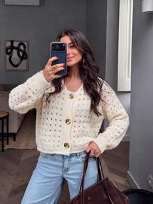 Fashion Women's Hollow Knit Cardigan Jacket With Pockets And Buttons, Suitable For Coffee Date, Autumn/Winter, Christmas, New Year - Apricot - View 1