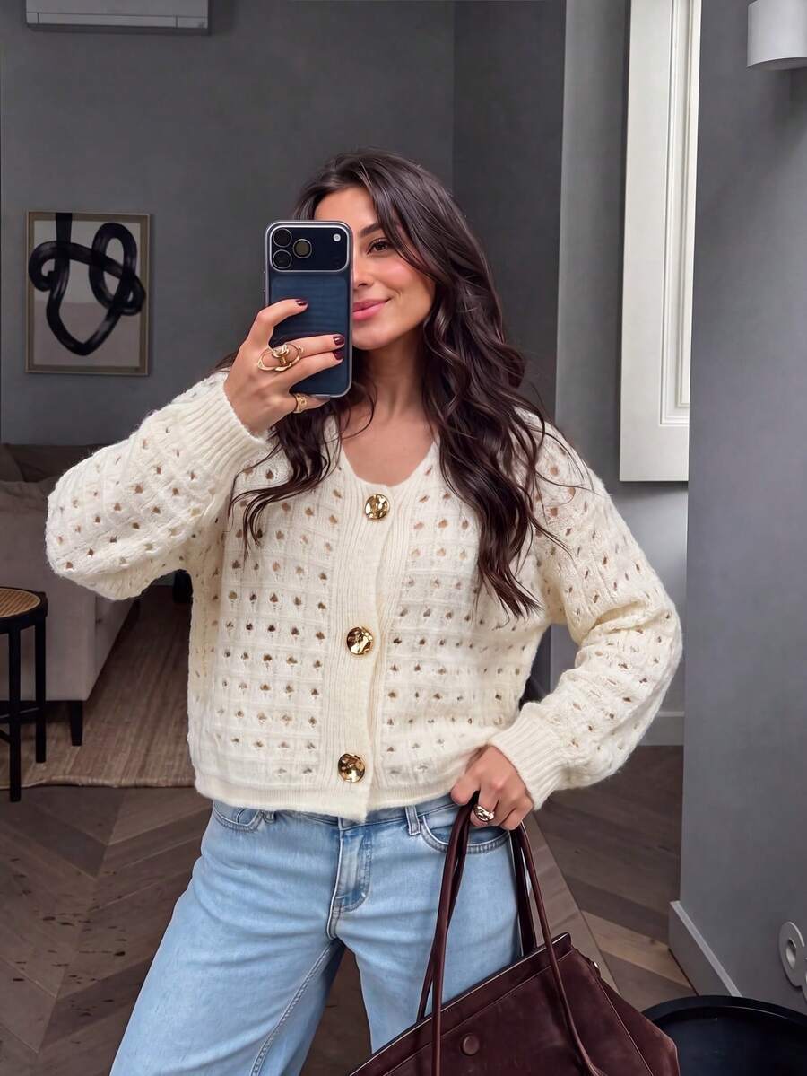 Fashion Women's Hollow Knit Cardigan Jacket With Pockets And Buttons, Suitable For Coffee Date, Autumn/Winter, Christmas, New Year - Apricot - View 1