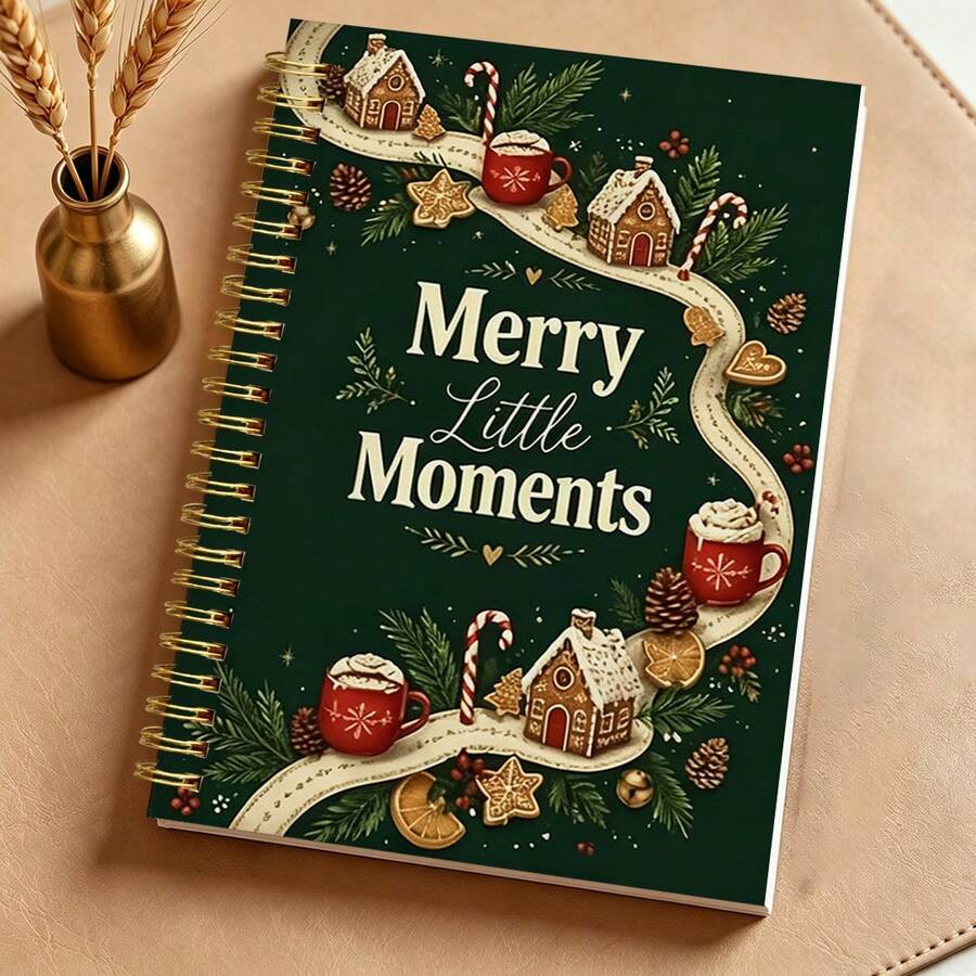 DANPERJI 1pc 14*21cm Merry Little Moments Wirebound Notebook, Dark Green Cover Gingerbread House & Hot Cocoa Print Journal, Cozy Xmas Season Writing Notepad - Multicolor - View 1