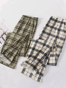2pcs Men's Spring/Autumn Loose Plaid Pajama Pants, Plus Size, Mid-Waist, Home Wear, Can Be Worn Out - Multicolor - View 1