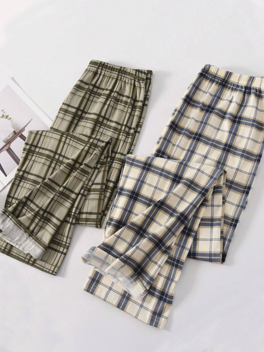2pcs Men's Spring/Autumn Loose Plaid Pajama Pants, Plus Size, Mid-Waist, Home Wear, Can Be Worn Out - Multicolor - View 1