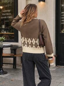 VIBEWAVE Coffee Brown V-Neck Contrast Color Argyle Jacquard Loose Pullover Sweater, European & American College Vintage Style Dropped Shoulder Long Sleeve Knit Top, Autumn/Winter Cafe Street Style Casual Lazy Outerwear - Coffee Brown - View 5