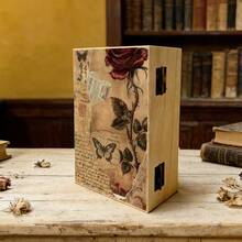 1pc Vintage Wooden Storage Box With Shabby Chic Rose And Butterfly Collage Illustration, Gift Storage Box, Small Accessory Organizer, Jewelry Collection Keepsake Box, Souvenir Storage, Desktop Organizer, Country Home Decor - Multicolor - View 3