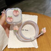 5pcs Apple UK 20W Charger Protective Case Cable Protector Set, Cute Peach Silicone Cable Cord Wrap, Laser Pink Data Cable Spiral Protector, Anti-Breakage Cable Tube Sleeve - Pink Peach - View 4