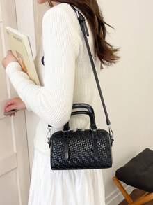 Vintage Woven Pattern Small Boston Handbag, Glossy Chain Crossbody Mini Bag, Commuter Versatile Mini Women's Bag - Black - View 4