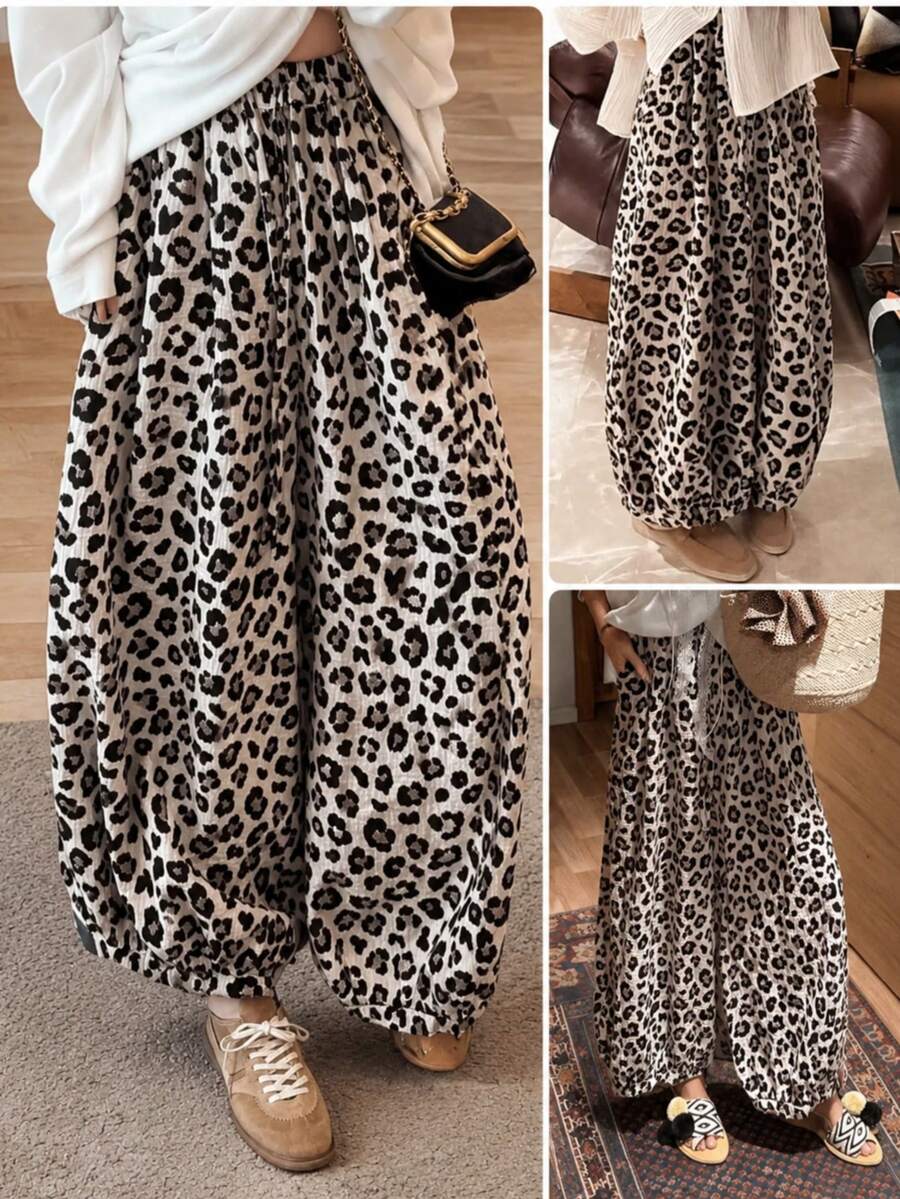 Autumn/Winter Women's Fashion Leopard Print Versatile Loose Wide Leg Long Pants With Pockets - Multicolor - View 1