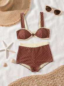 Women's Elegant Sweet Style Coffee Brown Polka Dot Swimsuit, Suitable For Spring/Summer Beach Vacation, Seaside Activities And Fashionable Holiday Outfits - Multicolor - View 2