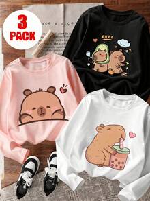 3pcs Tween Girls Printed Long Sleeve T-Shirts, Suitable For Tween Girlsin Autumn/Winter, Young Student Apparel, Suitable For Outerwear And Layering - Multicolor - View 1