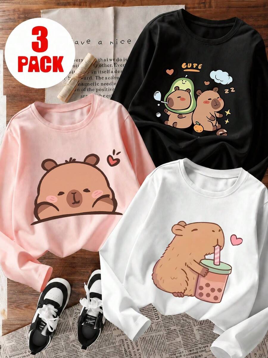 3pcs Tween Girls Printed Long Sleeve T-Shirts, Suitable For Tween Girlsin Autumn/Winter, Young Student Apparel, Suitable For Outerwear And Layering - Multicolor - View 1