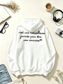 Women's Casual Hoodie With French Text & Red Heart Print, Loose Fit Breathable Sweatshirt For Spring Autumn Daily Campus Wear - White - View 4