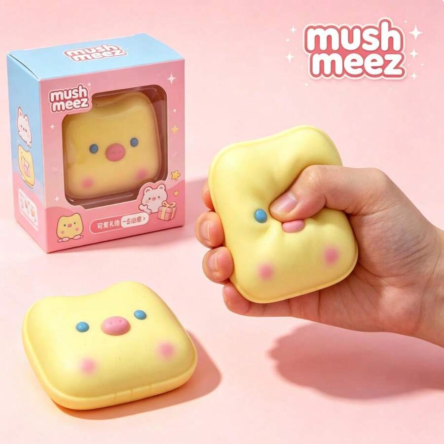 Cute Pig Toast Squishy Fidget Toy, Super Soft Slow Rebound Squeeze Toy, Cartoon Embossed Pig Face Bread‑Shaped Stress Relief Decompression Toy, Creative Desktop Ornament For Party Holiday Gift - Multicolor - View 1