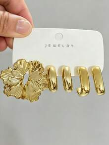 6-18pcs Gold Geometric Hoop Earrings Set, 3D Flower Honeycomb Stripe Ear Cuffs, Versatile High-End Niche Style Earring Combination - Gold - View 4