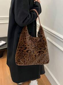 女款秋冬豹紋毛絨大容量托特包，超大號單肩包，新款時尚設計休閒通勤購物包 - 咖啡 - 查看 8