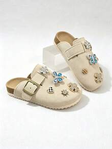 Girls' Beige Faux Suede Closed-Toe Mules With Rhinestone Detail & Adjustable Strap, Cork Footbed Casual Sandals, Little/Kids - Beige - View 5