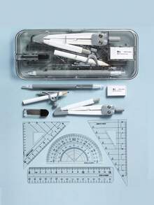Ensemble de 10 pièces Compas et Règle Fournitures scolaires pour l'apprentissage Compas dédié aux examens Règle droite Règle triangle Rapporteur Ensemble d'étudiant Règle Fournitures de bureau Stylo multifonction avec clip Règle - Ensembles - Voir 14