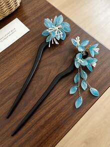 1pc Blue Glass Flower Tassel Hair Stick, Women's Elegant Updo Hair Accessory, Suitable For Daily Wear, Party, Back Of Head Styling, Gift - Multicolor - View 2