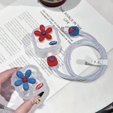 5pcs/Set Compatible With UK 20W Cable Protector Red & Blue Floral Accessories TPU Material Anti-Drop Anti-Scratch Laser White Data Cable Wrap Anti-Break - Blue Flowers - View 5