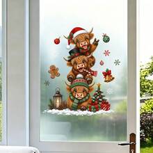 1/3pcs Cute Christmas Highland Cow Window Stickers, Double-Sided Visible PVC Static Cling Glass Decals, Suitable For Winter Holiday Party Window Display - Multicolor - View 8