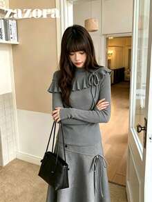 2-In-1 Layered Ruffle Trim Long Sleeve Fitted Slimming Solid Color Minimalist T-Shirt Top For Early Autumn - Grey - View 7