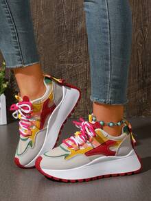 Women's Multi-Color Contrast Patchwork Faux Suede Thick Sole Sneakers, Dual-Color Shoelaces With Contrast Decorative Patches, Thick Sole Retro Casual Shoes - Hot Pink - View 11