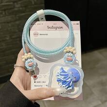 5Pcs/Set Cute Ocean Jellyfish Decor Charger Protective Kit, Shockproof Soft Shell, Anti-Break Cable Sleeve Compatible With UK Standard 20W Apple Charger, Gift For Boyfriend & Girlfriend - Cute Blue Jellyfish - View 3