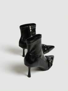 Women's Brown High Heel Ankle Boots, Ankle Boots, Elastic Slim Fit Boots, Chunky Heel Square Heel Boots - Black - View 4