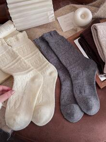 1/4 Pair Women Mid-Calf Socks Multi-Color Double Needle Wool Socks Autumn Winter Warm Vintage Style Fashion Versatile Mid-Calf Socks - Multicolor - View 7