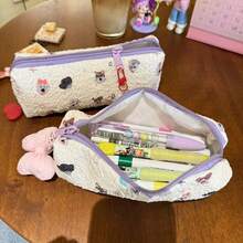 1pc Cute Cartoon Puppy All-Over Print Pleated Pencil Case, Soft Skin-Friendly Bubble Texture Fabric In Taro Purple, Smooth Zipper, Large Capacity Student Stationery Storage Bag With Detachable Plush Ball Charm, Girly High-Value Multi-Function Portable Pouch For Pens, Erasers, Sticky Notes, Rulers, Tape And Other School Supplies - Multicolor - View 4