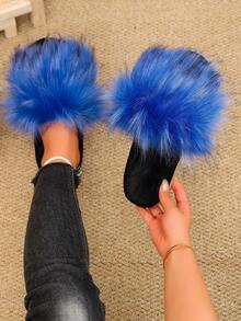 1 Pair Women's Contrast Color Long Plush One-Strap Indoor Comfortable Soft Sole Fuzzy Slippers - Blue - View 2