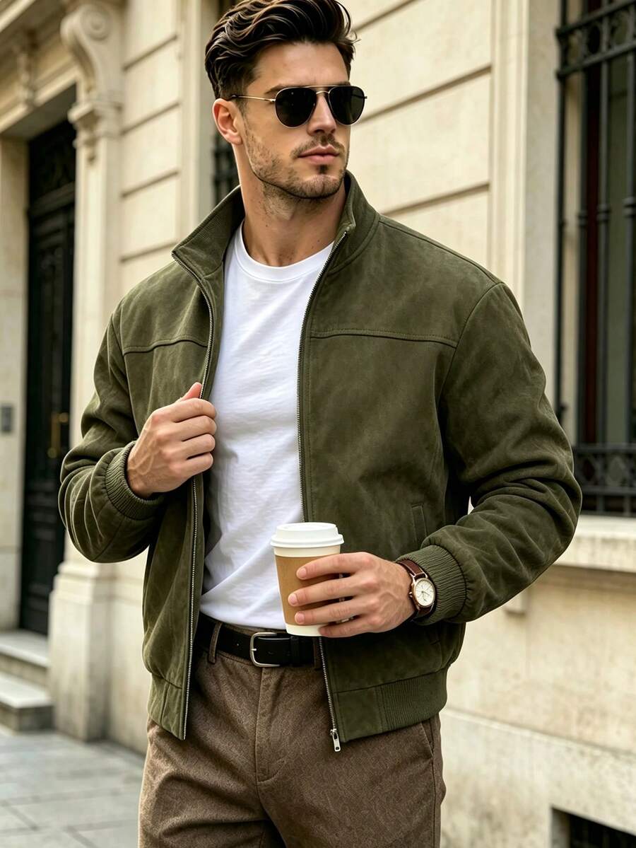 Suede Men's Suede Jacket, Casual Retro Style Lightweight Zipper Jacket - Army Green - View 1