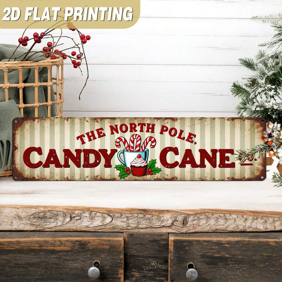 2D Flat, 1pc Vintage Candy Cane Metal Sign - Large Vintage Christmas Wall Decor With Candy Cane Stripes, Durable Iron Material, Suitable For Home, Bar, Store - North Pole Theme Holiday Decoration And Gift Idea (Random Style) - A - View 1