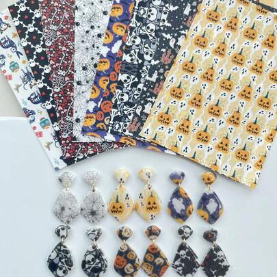 Halloween Series Water Transfer Paper For Soft Polymer Clay Earrings, Clay Shaping Handmade Craft Materials, Includes Pumpkin, Ghost, Skull, Spider Web, Castle Patterns, DIY Pendant Jewelry Decoration Transfer Paper, Ceramic Soft Clay Handmade Supplies, Easy To Use