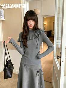 2-In-1 Layered Ruffle Trim Long Sleeve Fitted Slimming Solid Color Minimalist T-Shirt Top For Early Autumn - Grey - View 1