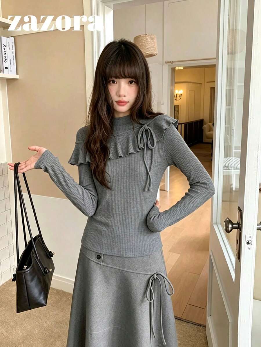 2-In-1 Layered Ruffle Trim Long Sleeve Fitted Slimming Solid Color Minimalist T-Shirt Top For Early Autumn - Grey - View 1