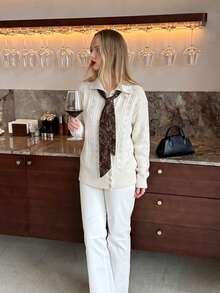 Women's Vintage White Lapel Ribbed Knit Cardigan With Cuffed Design, Mid-Stretch Autumn Fashion Jacket - Apricot - View 3