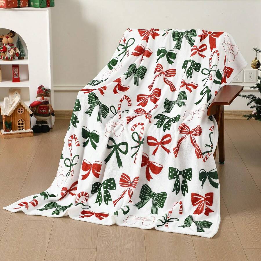 1pc Christmas Throw Blanket, Bow Flannel Fleece Blanket, Red And Green Bow Candy Cane Pattern, Soft Plush Blanket, Suitable For Sofa Bed, Christmas Decoration, Perfect Winter Gift For Women - Multicolor - View 1