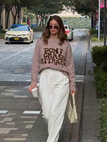 Strickpullover mit grafischem Buchstabenmuster, Rundhalsausschnitt, Langarm, lockerer Schnitt, zartrosa Pullover für Herbst und Winter, lässig-elegante Winteroutfits für Damen - Pink - Übersicht 3