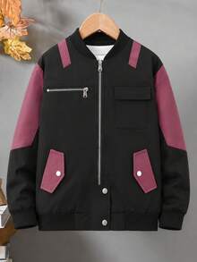 Boys' All-Season Casual Outdoor Vintage Versatile Multi-Pocket Functional Colorblock Stand Collar Workwear Jacket - Black - View 4