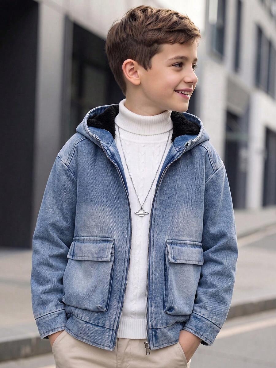 Boys' Autumn/Winter Casual Fashion College Street Style Patchwork Thermal-Lined Long Sleeve Hooded Denim Jacket - Light Wash - View 1