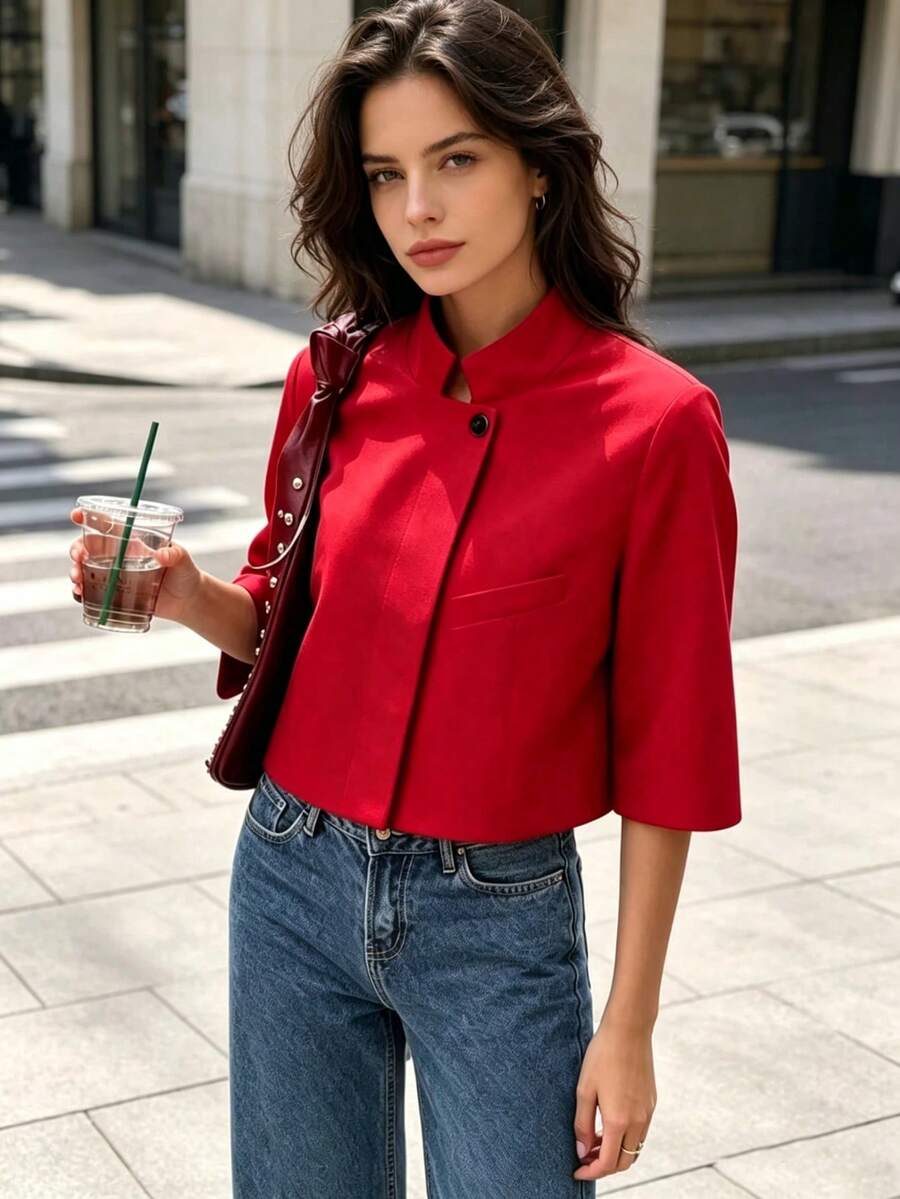 Seelio Spring/Summer New Women's European And American Style Fashion Simple Versatile Short Sleeve Cropped Blazer Jacket Red - Red - View 1