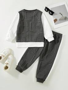 Boys' Fashion Colorblock Embossed Letter Design Crew Neck Sweatshirt And Jogger Pants 2 Pieces Set, Spring/Autumn - Grey - View 3