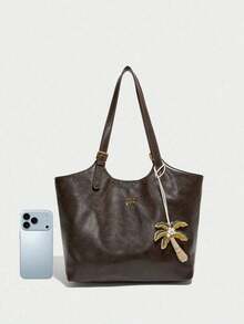 Vintage Distressed Soft Leather Shoulder Bag, Large Capacity With Gold Adjustable Buckle Strap, Detachable Braided Coconut Tree Charm, Soft Wrinkled Texture, Open Top, Fits Books And Tablets, Suitable For Commuting, Students, Classes And Travel, Retro Vibe - Coffee Brown - View 6