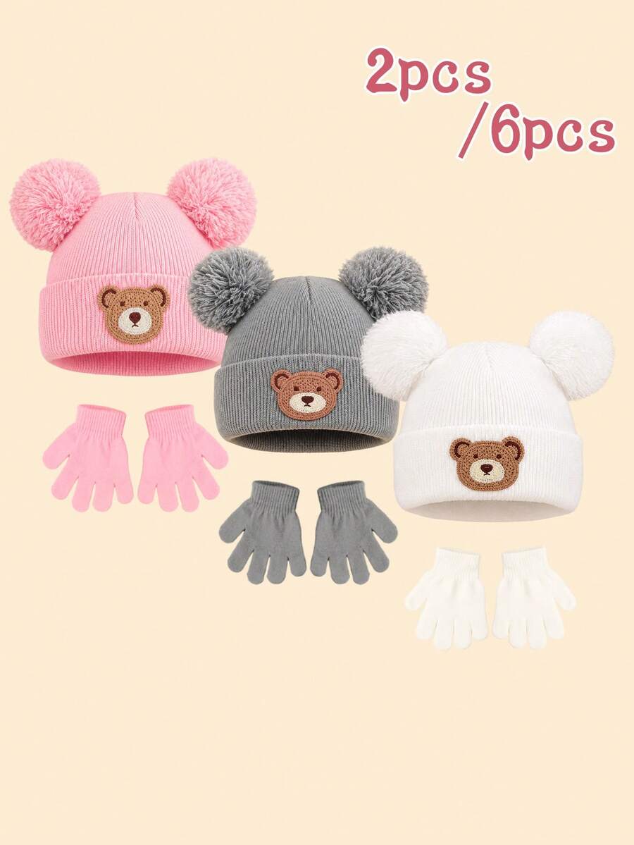 6pcs/2pcs Baby Cute Cartoon Bear Embroidered Knitted Hat & Gloves Set, 3 Solid Colors Double Pom Pom Cuffed Winter Hat & Fingerless Gloves, Fashionable Autumn/Winter Clothing Accessories For Baby, Suitable For Outdoor Activities And Photo Shoots - Multicolor - View 1