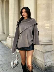 THREADLY Autumn/Winter New Slouchy Scarf Cape Round Neck Long Sleeve Short Knit Coat Jacket - Brown - View 1
