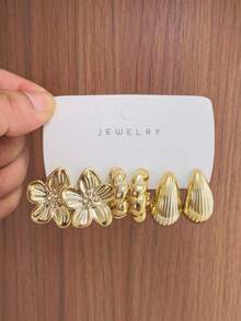 6/18PCS Fashionable Elegant Floral Geometric Multi-Element Gold Metallic Earrings Set, Women's Fashion Earrings Set (Lightweight CCB Material, Non-Fading) - Gold - View 4